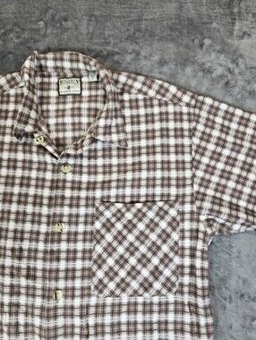Vintage Bugle Boy Plaid Button Up Shirt Size Small Brown White